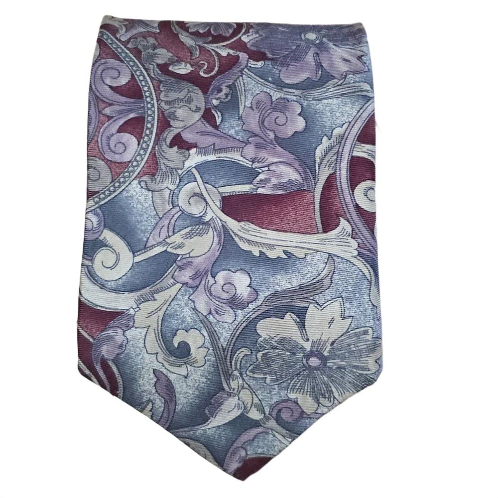 Bill Blass Silk Tie Floral Baroque Paisley Burgundy Blue Gray Classic Vintage